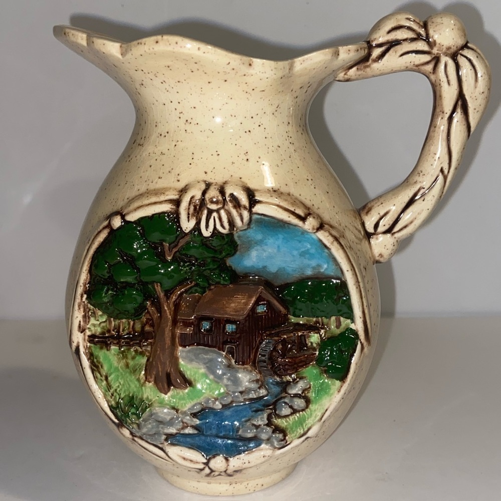 Glazed Pottery Pitcher‎ Or Creamer Beige with Handpainted House and River. 6”.